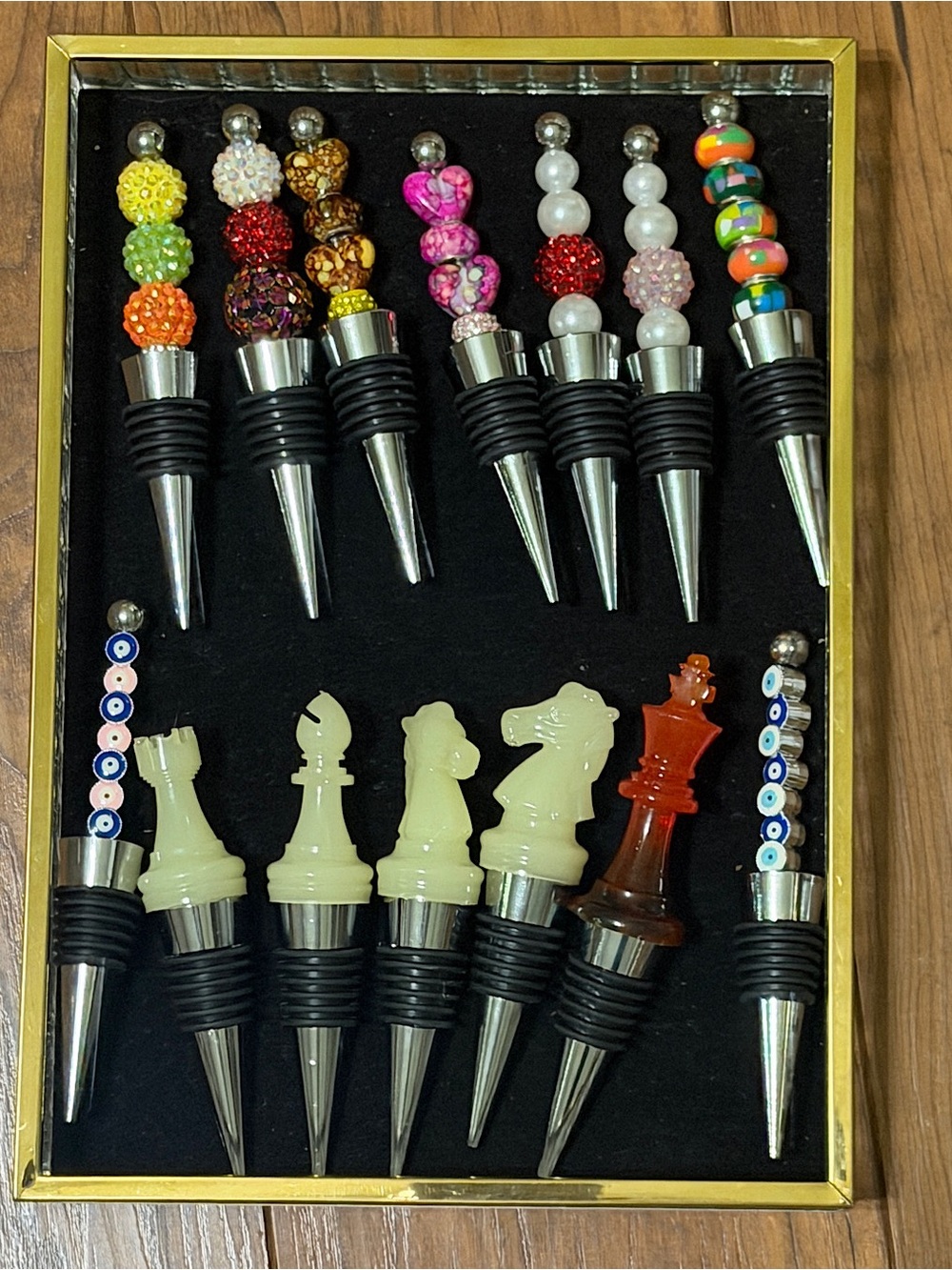 Set of Decorative Beaded and Chess Piece Wine Bottle Stoppers